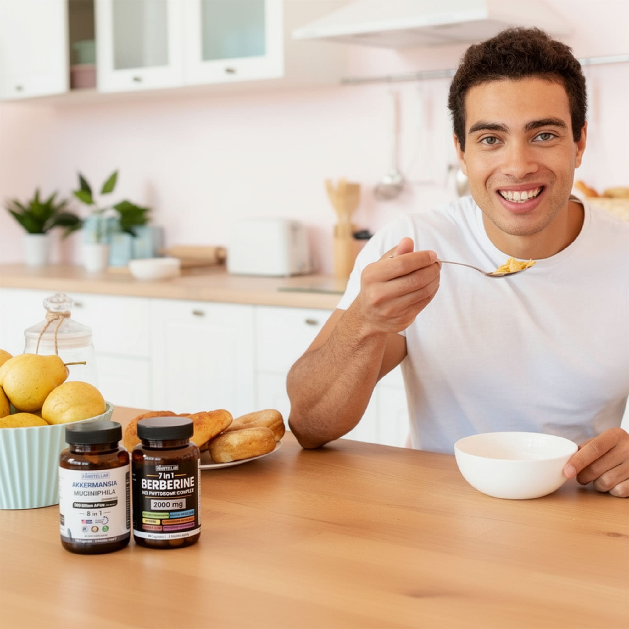 Man eating breakfast in kitchen with Akkermansia muciniphila and berberine supplements