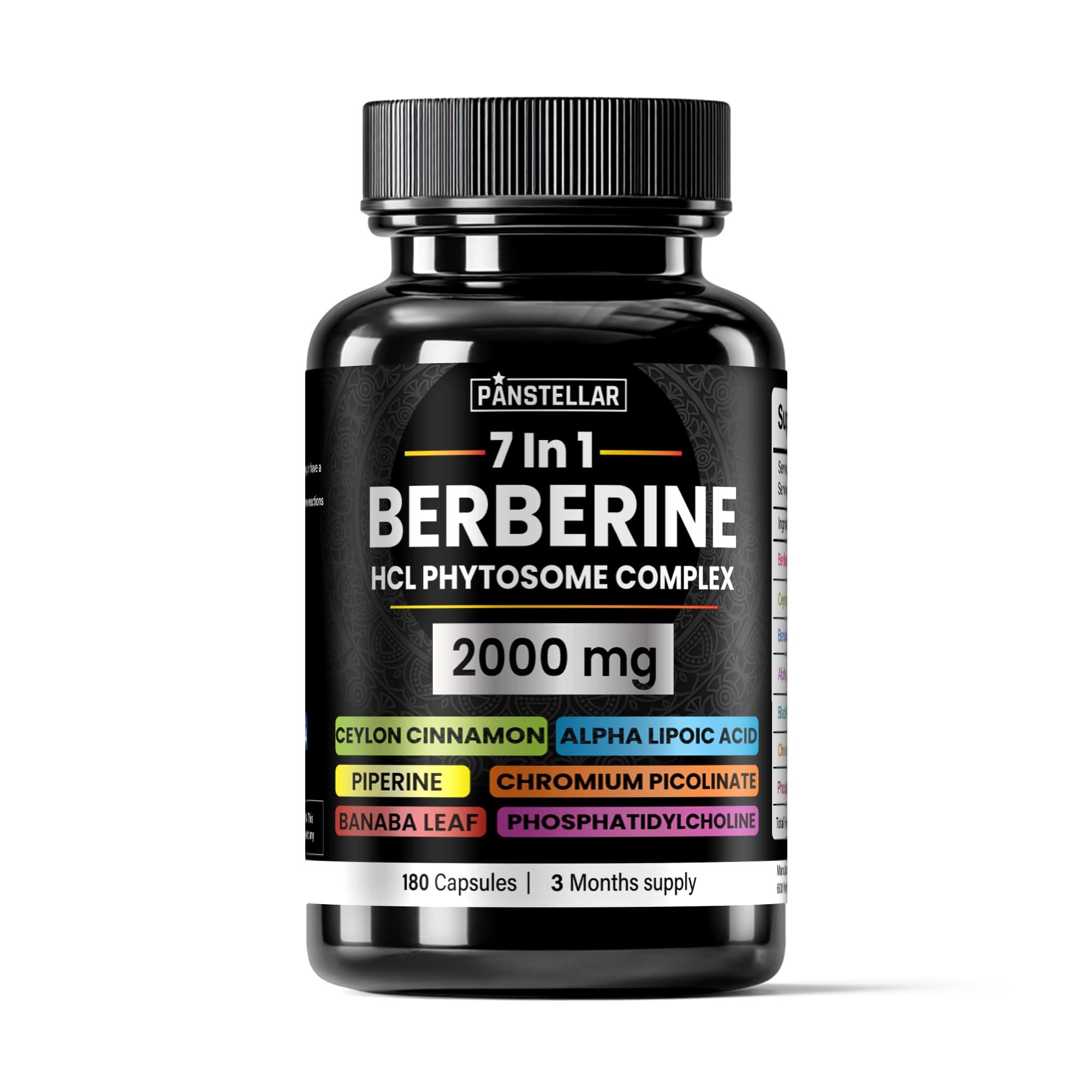 Berberine supplement bottle with Ceylon cinnamon, alpha lipoic acid, 2000mg, 180 capsules