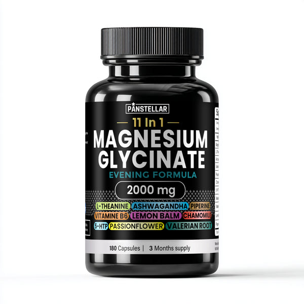 Magnesium glycinate supplement bottle, 2000mg evening formula with ashwagandha, valerian root, L-theanine, and other sleep support ingredients.