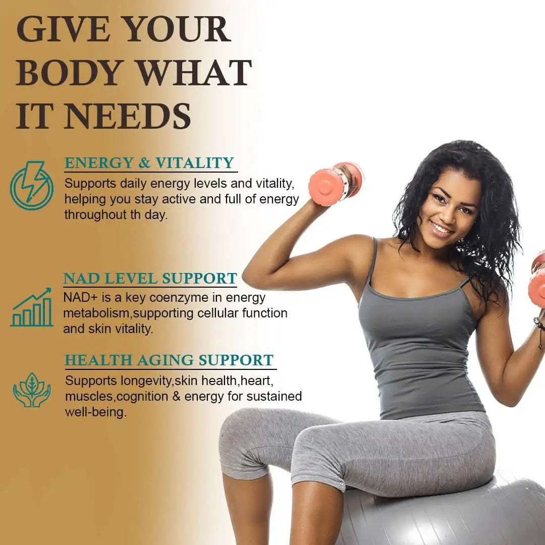 Smiling woman in athletic wear lifting dumbbells on an exercise ball, with text promoting energy, vitality, NAD+ support, and healthy aging benefits.