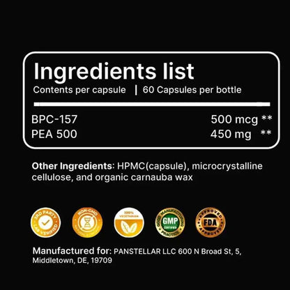 Supplement facts label for BPC-157 and PEA 500 capsules showing ingredients and certifications.
